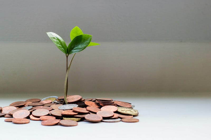 A small plant sprouts from a loose pile of money (coins), representing private-pay mental health psychotherapy without insurance coverage and billing restrictions.